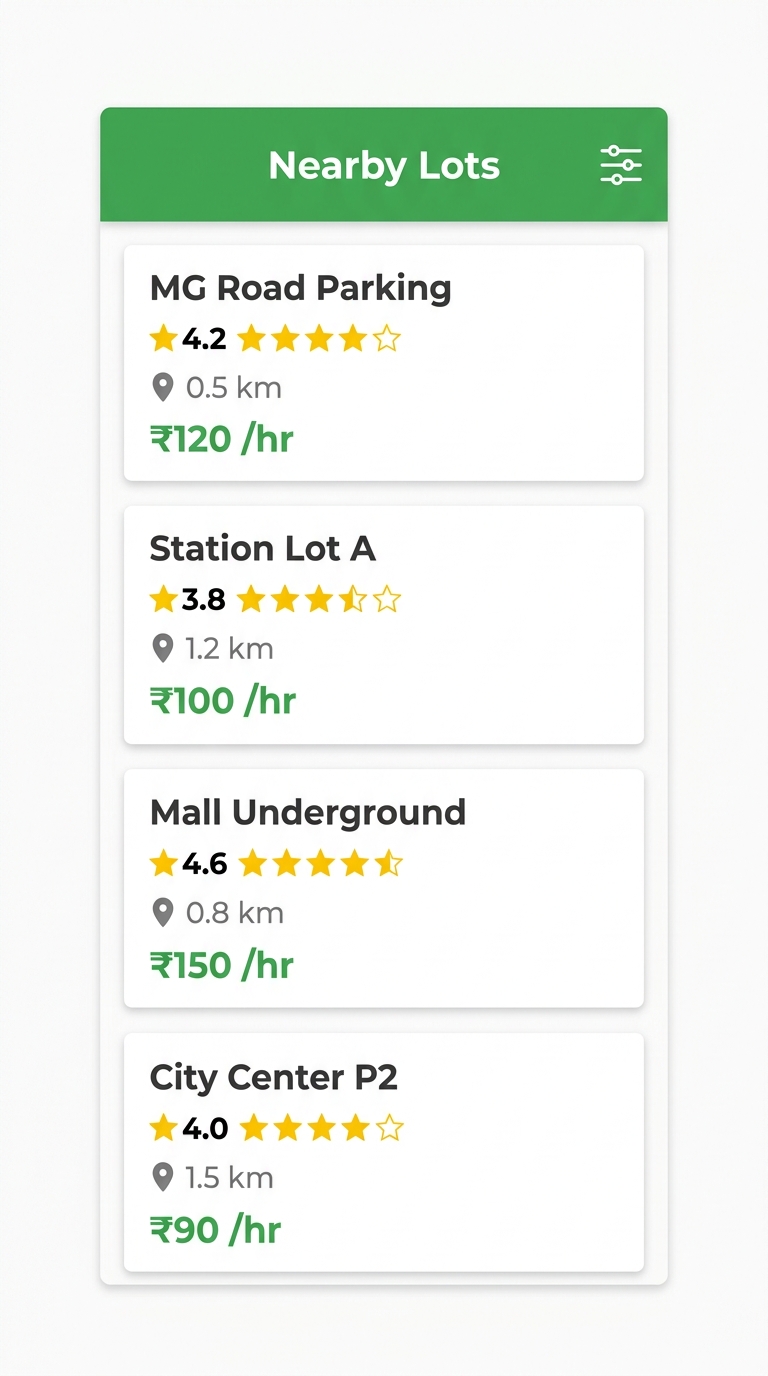 ParkPlz App — Nearby lots list view