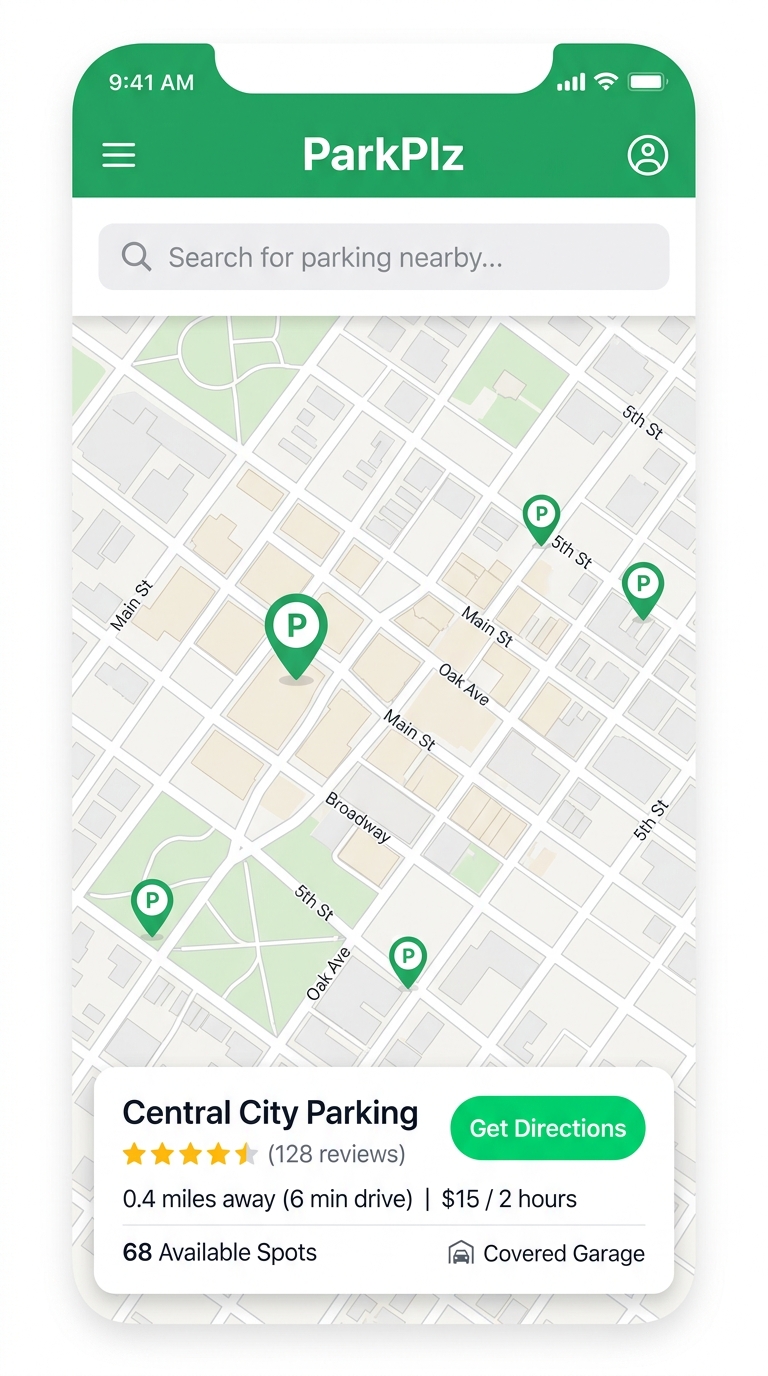 ParkPlz App — Map View showing nearby parking